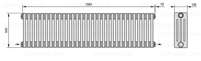 Схема (чертеж) Радиатор Zehnder Charleston 4050/30 №2670 Белый глянцевый RAL 9016